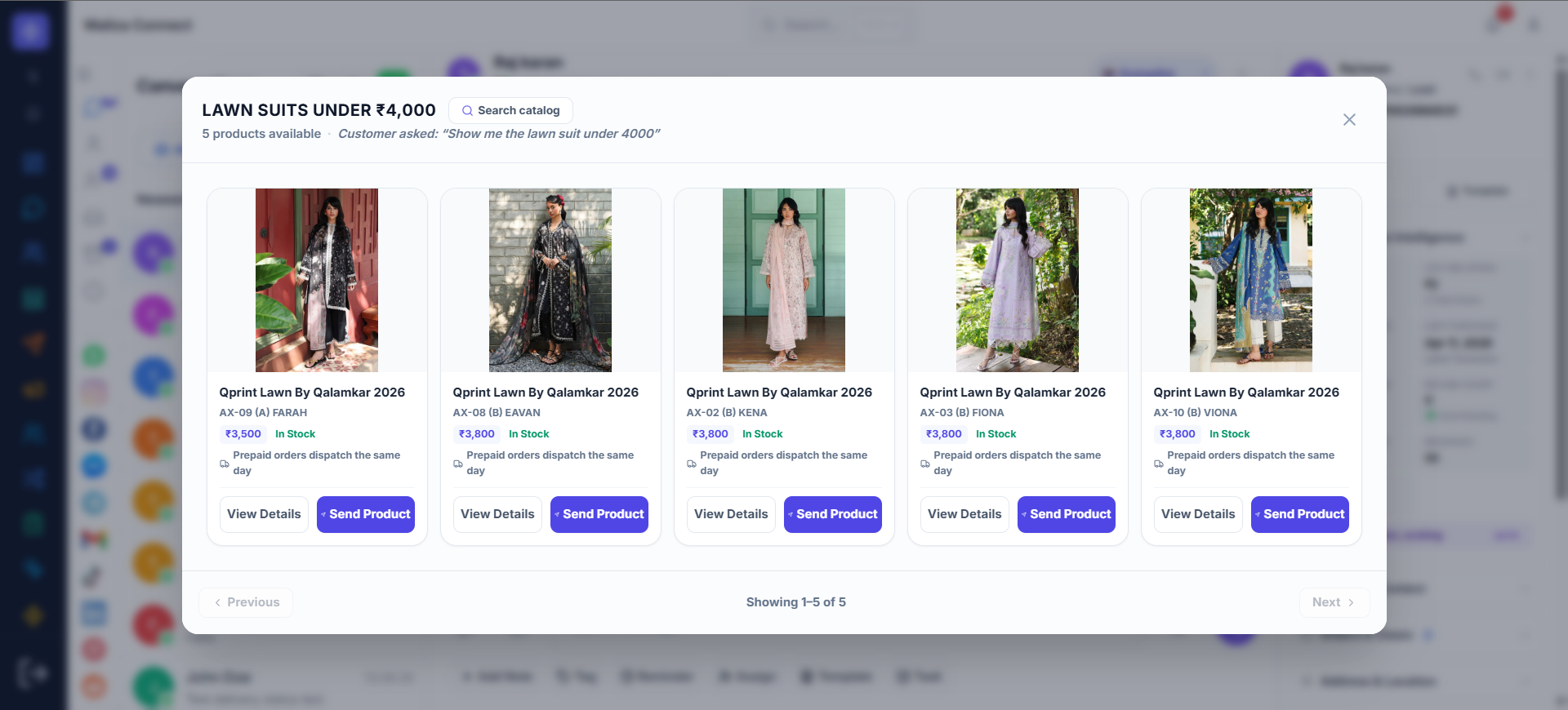 WallzaOS AI assistant screenshot suggesting matching products and a ready-to-send reply inside a customer chat