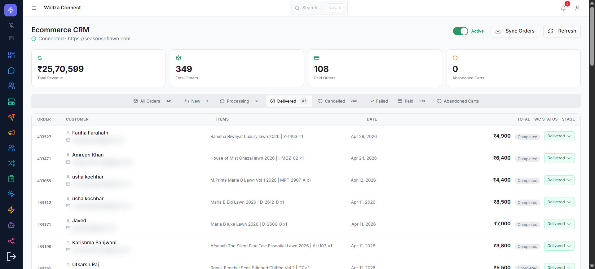 WallzaOS CRM dashboard screenshot showing revenue, orders, customer records and open tasks connected to conversations