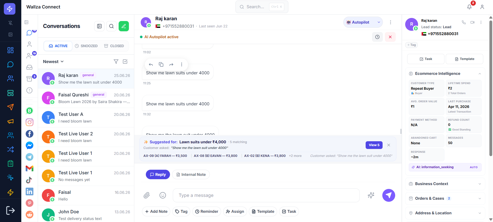 WallzaOS unified inbox screenshot with live WhatsApp, Instagram, Messenger and email conversations in one thread list